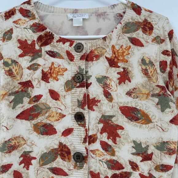 Christopher & Banks Cardigan Sweater Womens Medium Fall Leaf Print Button Front - Picture 2 of 9